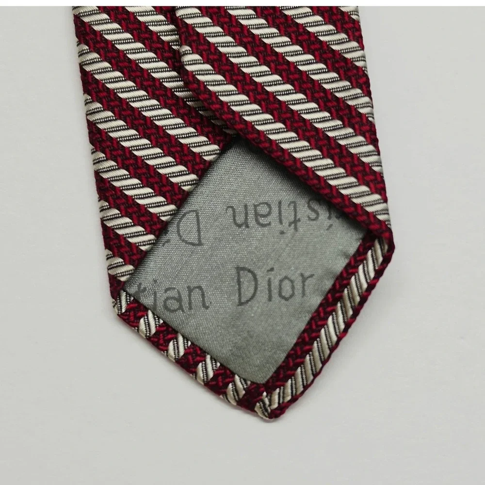 Christian Dior Silk Tie Mens OS Burgundy Silver Vintage Striped Necktie